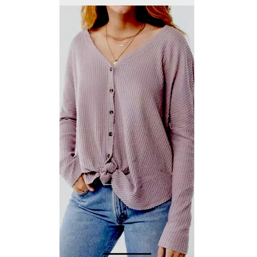 Out From Under Jojo Lavander Waffle Knit Button Front Tie Hem Soft Cozy Top